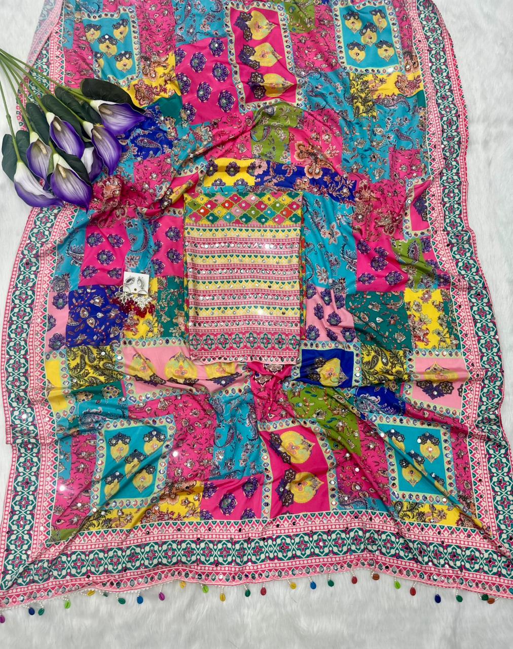 Crepe Silk Digital Print Mirror Work Saree